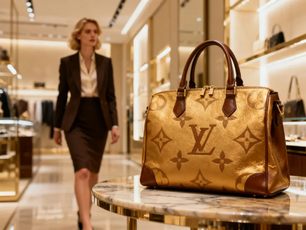Luksusowa skórzana torebka Louis Vuitton na marmurowym blacie w eleganckim butiku.