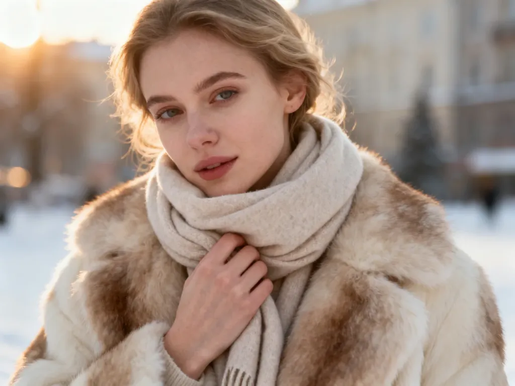 Elegancka kobieta w futrze otulająca szyję miękkim kaszmirowym szalikiem w zimowej scenerii.