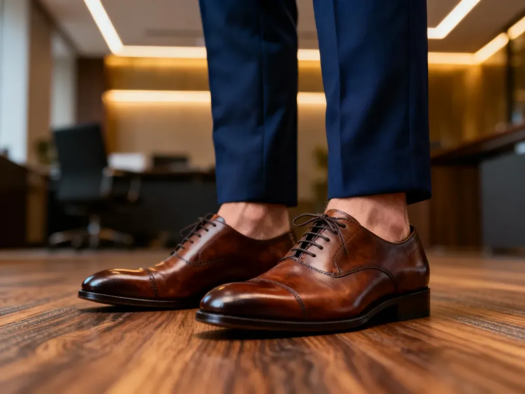 Eleganckie brązowe buty typu oxford zestawione z granatowym garniturem w nowoczesnym biurowym wnętrzu.
