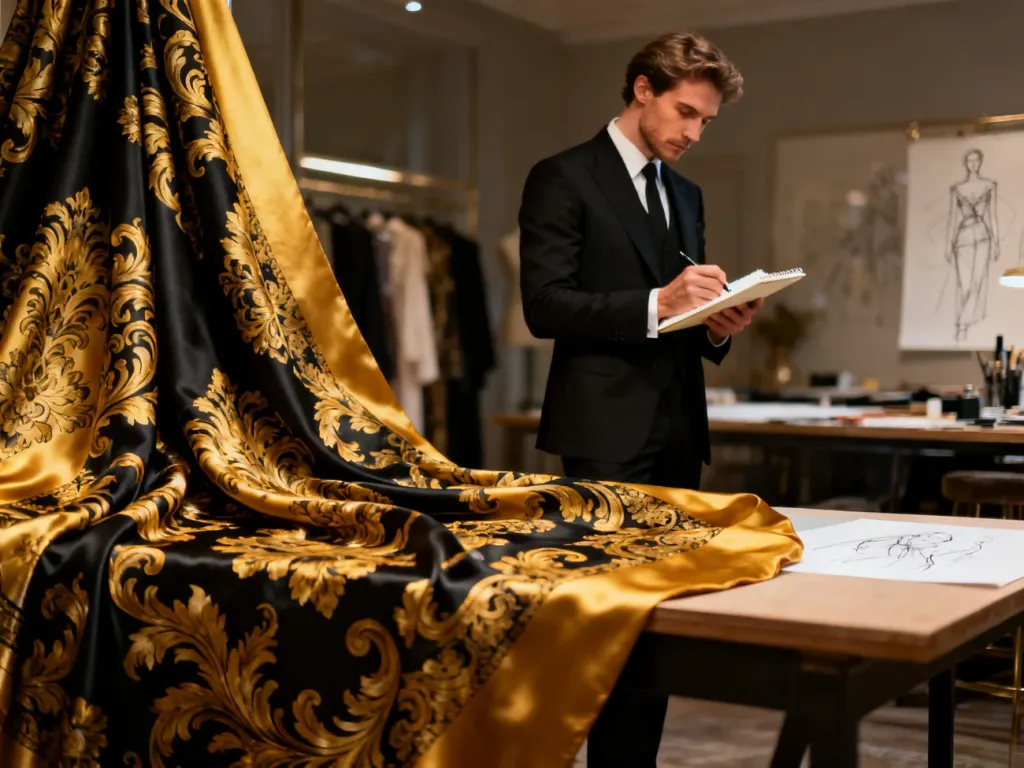 Projektant w eleganckim atelier szkicuje projekt obok tkaniny w charakterystyczne, barokowe wzory Versace.