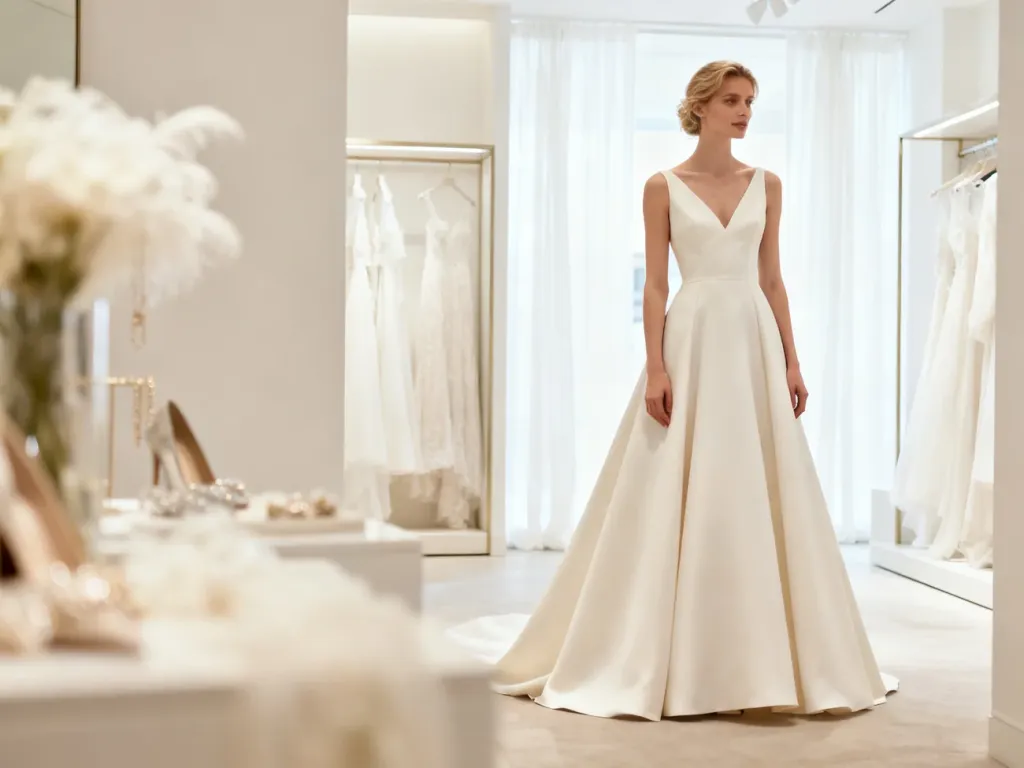 Elegancka suknia ślubna o kroju litery A, która optycznie wyszczupla sylwetkę plus size w jasnym salonie ślubnym.