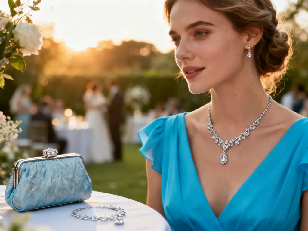 Kobieta w chabrowej sukience z elegancką srebrną biżuterią i kopertówką na tle weselnego przyjęcia w ogrodzie.