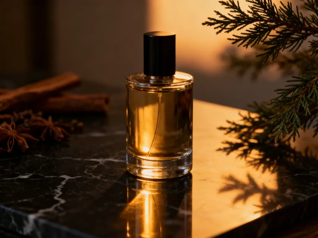 Elegancki flakon męskich perfum na marmurowym blacie w nastrojowym, ciepłym oświetleniu.