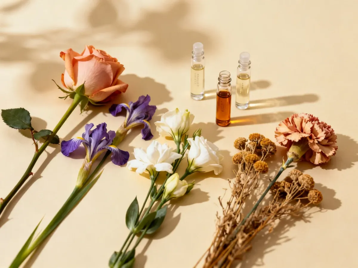 Kompozycja różnych kwiatów i surowców kojarzonych z nutami kwiatowymi w perfumerii
