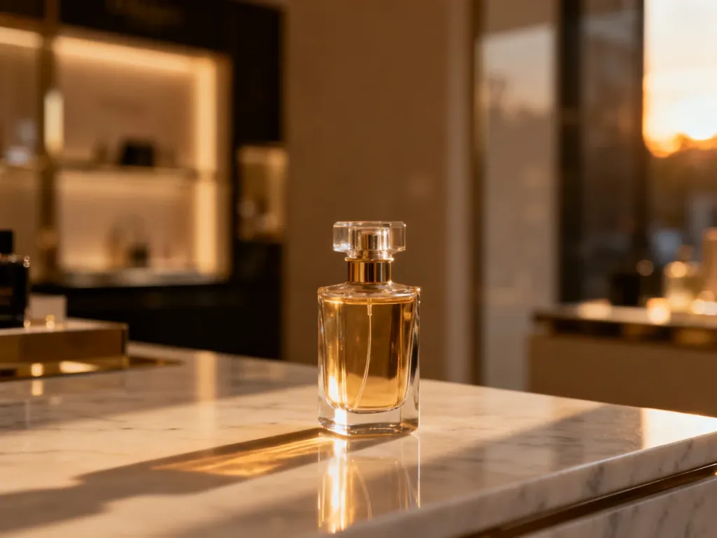 Elegancki flakon perfum na marmurowym blacie w luksusowym wnętrzu butiku, podkreślający ekskluzywny charakter zapachu.