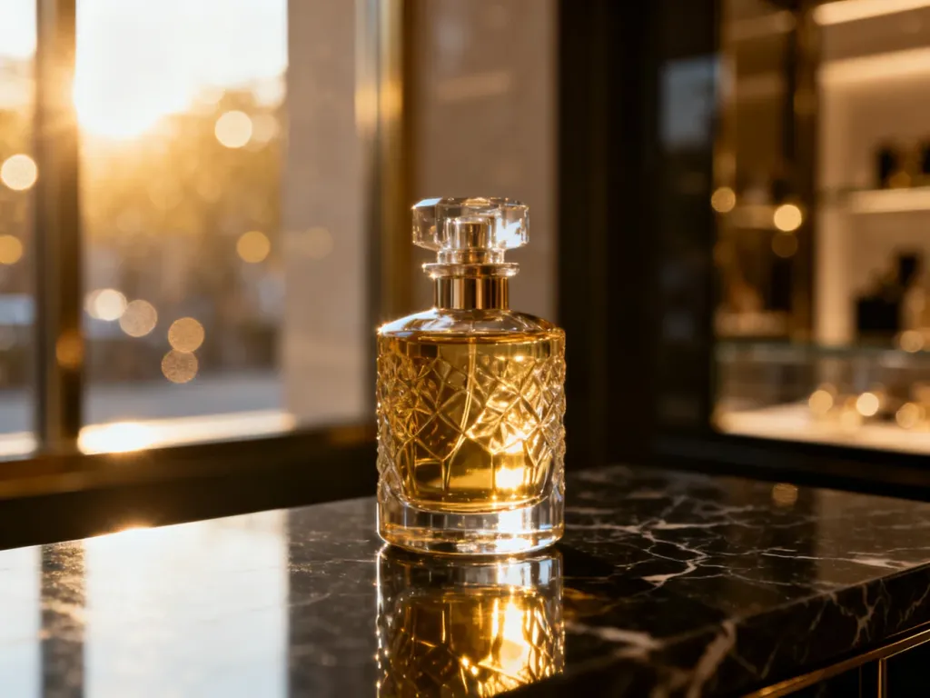 Elegancki flakon perfum Hugo Boss na marmurowym blacie w promieniach porannego słońca.