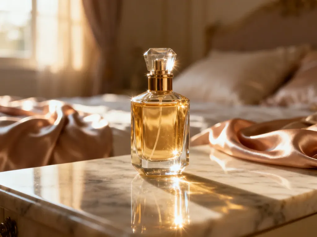 Elegancki flakon perfum na marmurowym blacie w przytulnej sypialni, budujący romantyczny nastrój idealny na randkę.