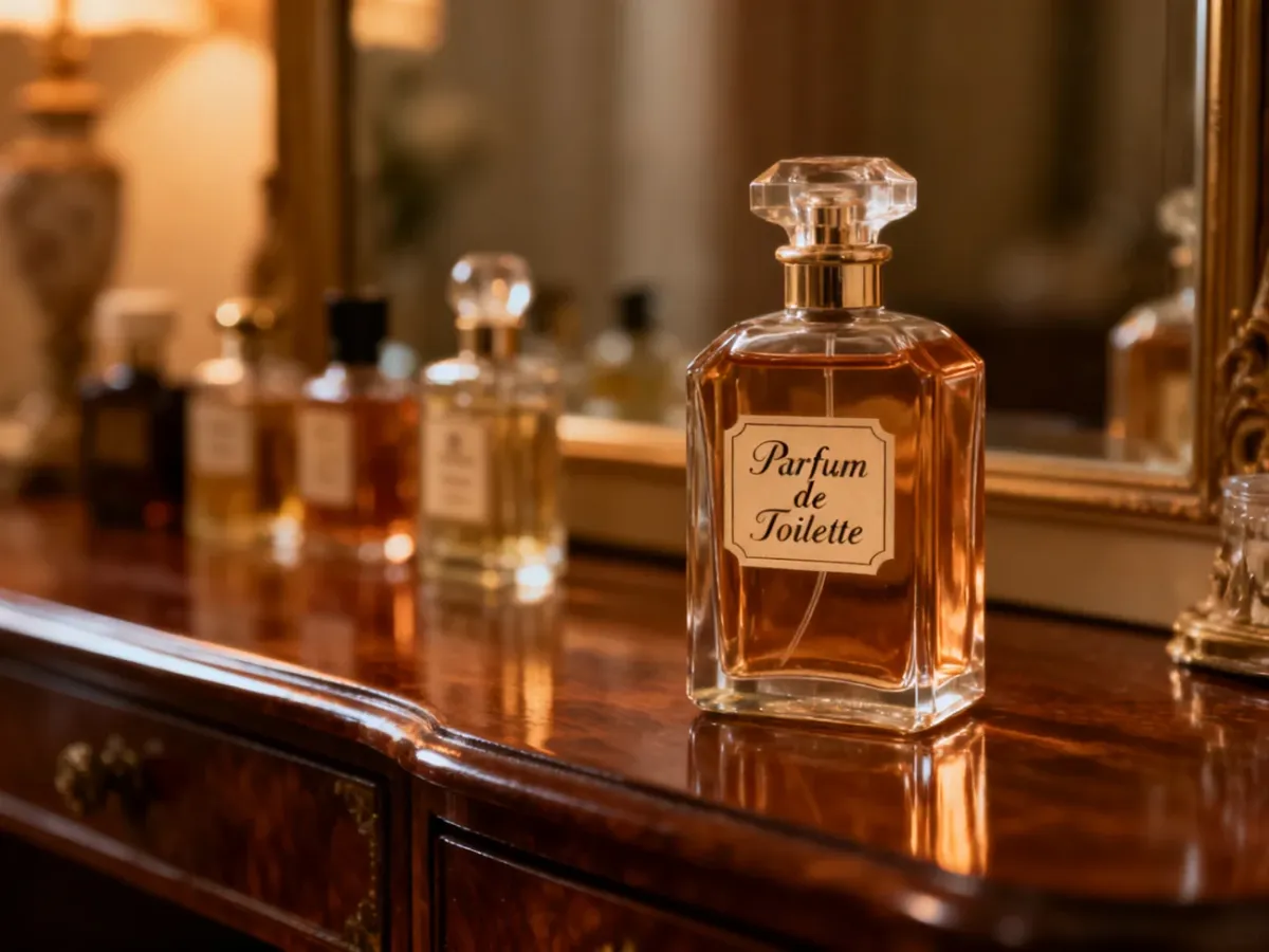 Vintage perfume bottle representing Parfum de Toilette on an elegant vanity