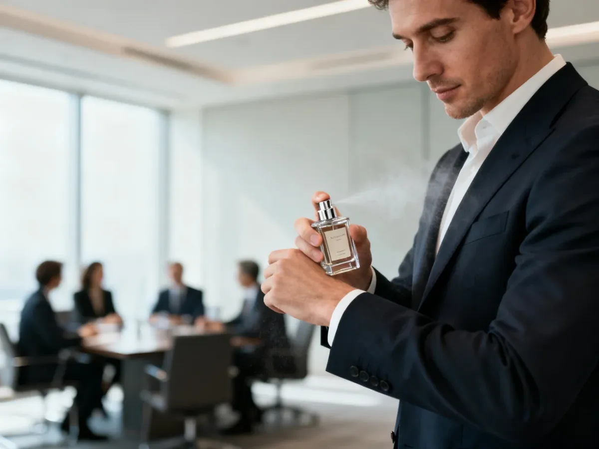 Mężczyzna aplikuje niewielką ilość perfum na nadgarstek w biurze