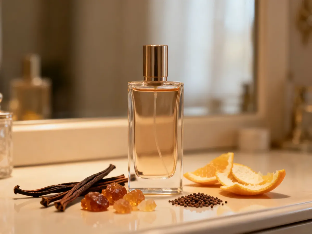 Elegancki flakon wody perfumowanej otoczony składnikami zapachowymi