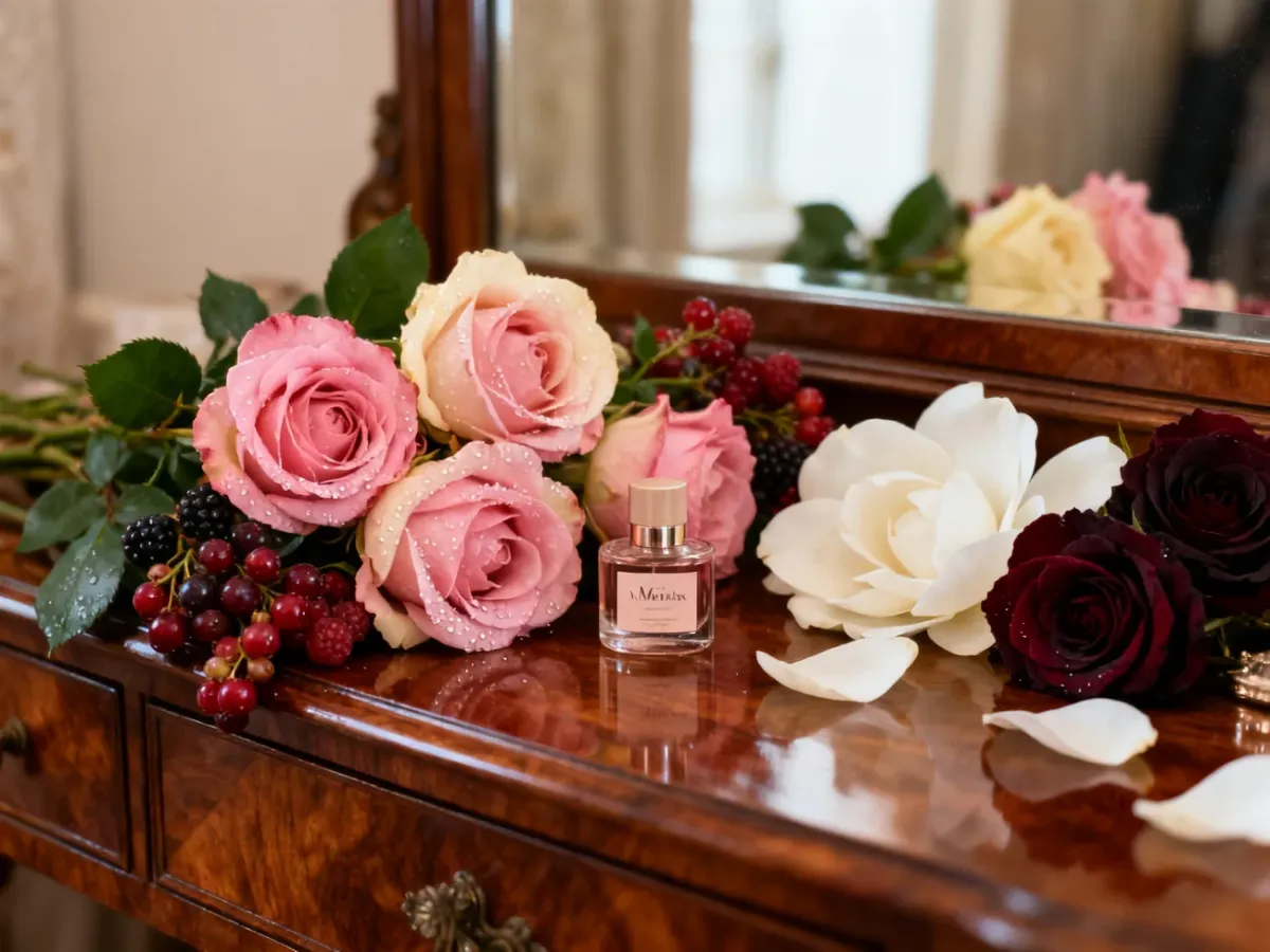 Różne oblicza róży w perfumach przedstawione w eleganckiej kompozycji kwiatów i owoców