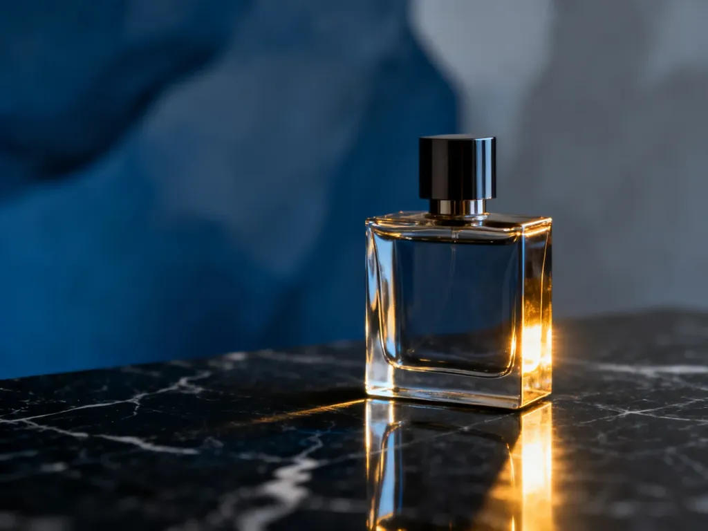 Elegancki flakon perfum męskich Calvin Klein na ciemnym marmurowym blacie w nastrojowym oświetleniu.