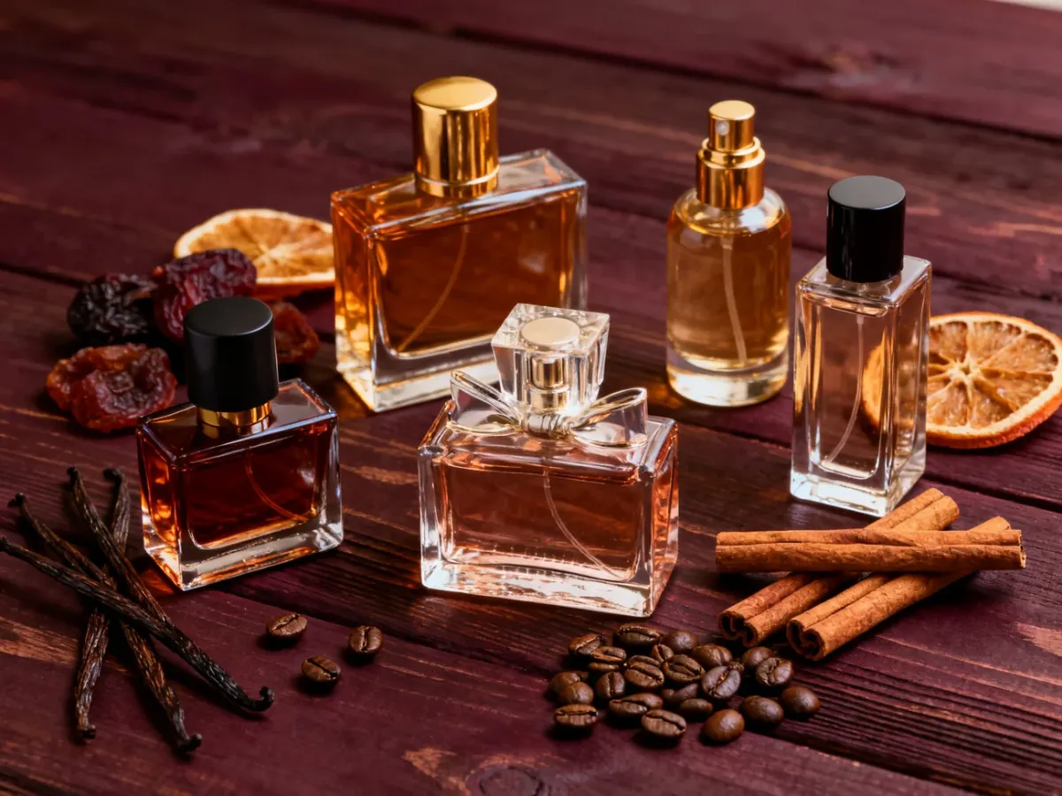 Eleganckie flakony perfum otoczone wanilią, kawą i przyprawami w ciepłej zimowej aranżacji