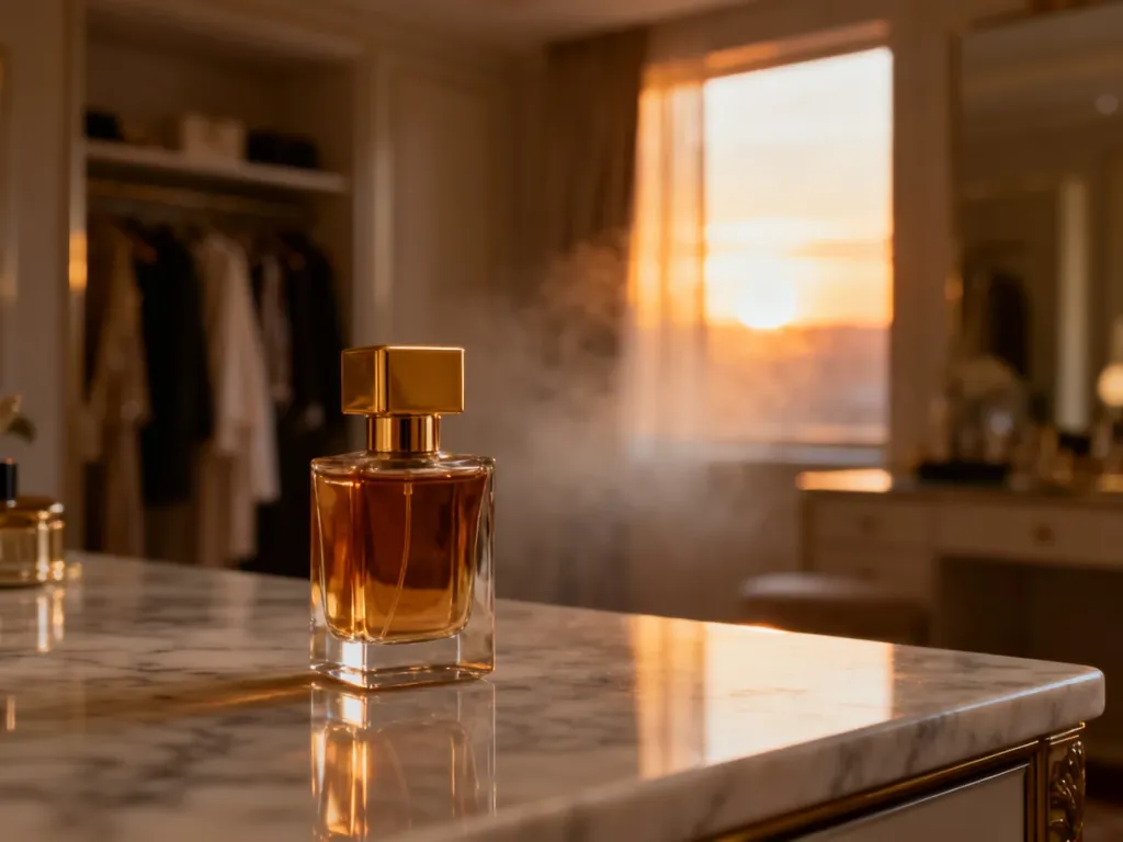 Elegancki flakon perfum Burberry na marmurowym blacie w luksusowym wnętrzu o ciepłym, złotym oświetleniu.