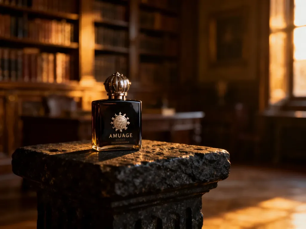 Luksusowy flakon perfum Amouage na kamiennym postumencie w klimatycznym wnętrzu biblioteki.
