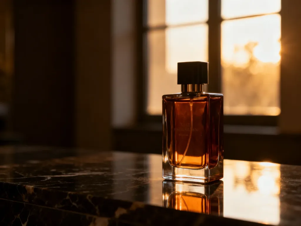 Elegancki flakon perfum Boss The Scent na ciemnym marmurowym blacie w ciepłym świetle zachodzącego słońca.