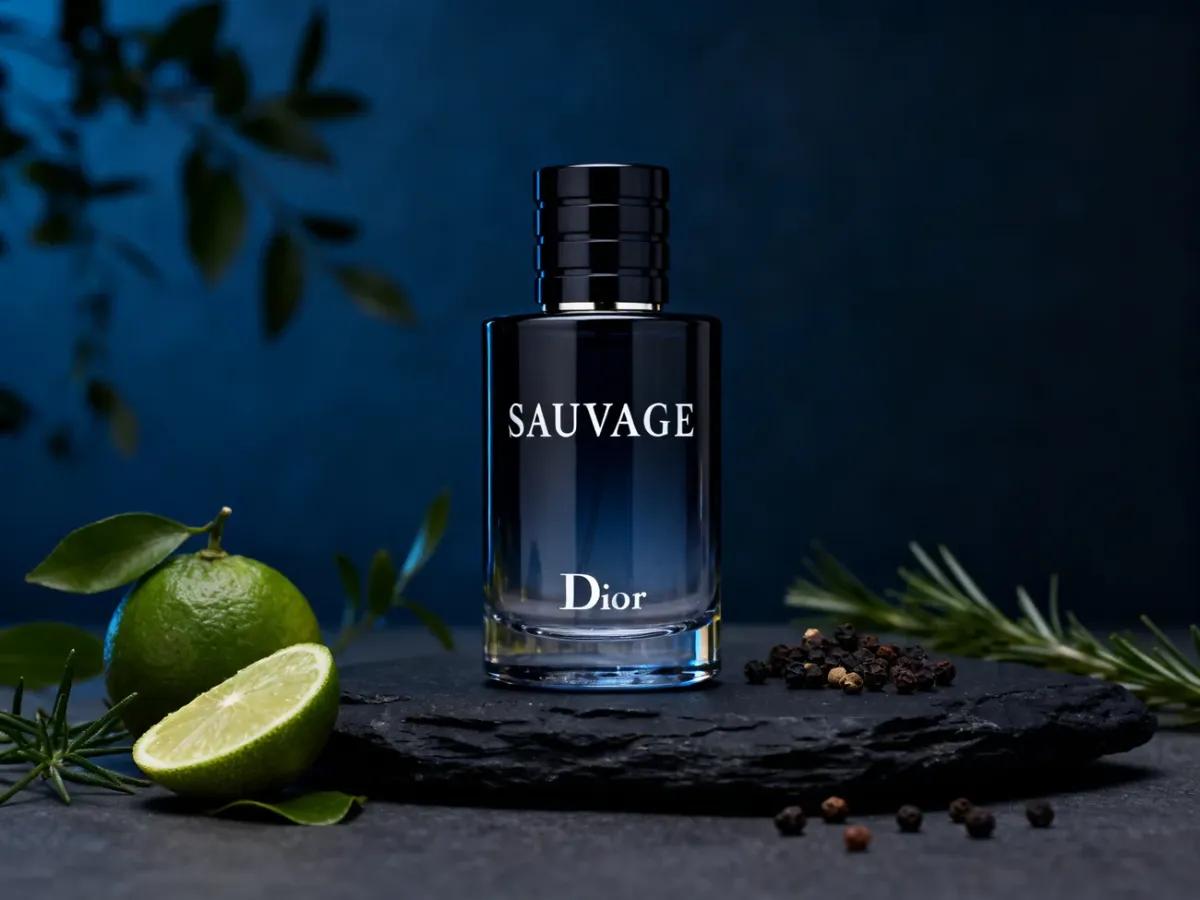 Flakon Dior Sauvage na ciemnej kamiennej powierzchni w eleganckiej, męskiej scenerii