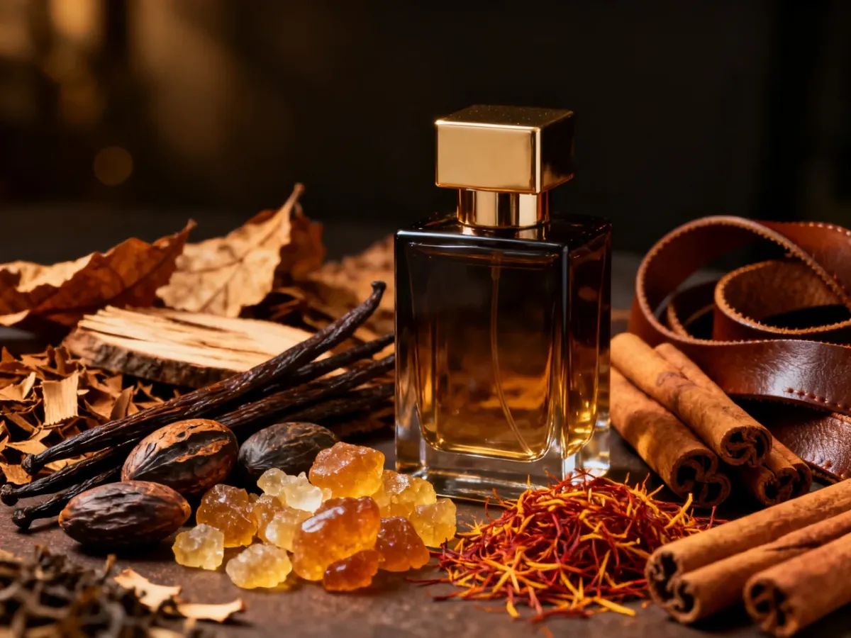 Składniki zimowych perfum ułożone wokół flakonu