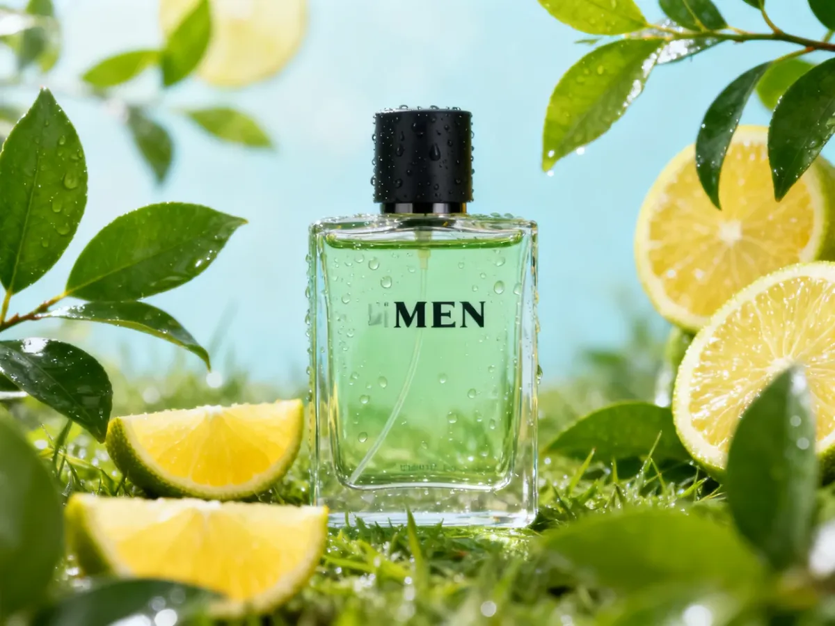 Flakon świeżych cytrusowo-zielonych perfum w letniej scenerii