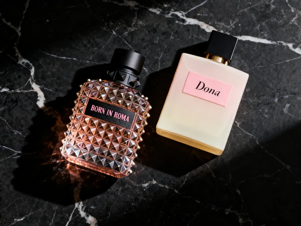 Elegancka aranżacja flakonów perfum Valentino Born in Roma i Donna