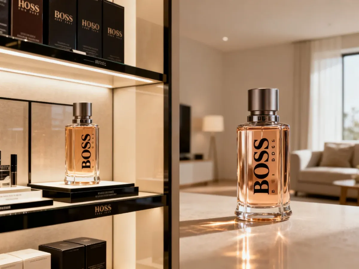 Flakony perfum Hugo Boss przedstawione w eleganckim sklepie i domowym otoczeniu