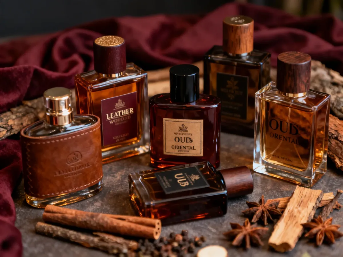 Różnorodne męskie perfumy wśród drewna i przypraw