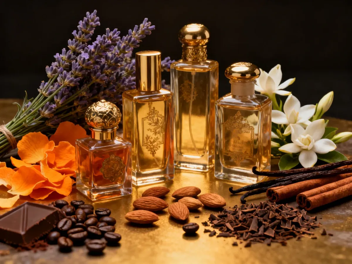 Wieczorna kompozycja perfum z kwiatami, wanilią, kawą i przyprawami