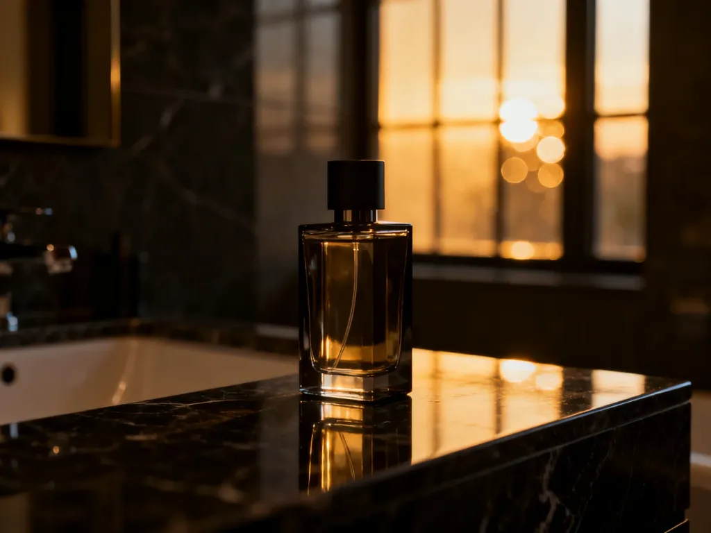 Elegancki flakon perfum Dior Sauvage na marmurowym blacie w luksusowej łazience o nastrojowym oświetleniu.