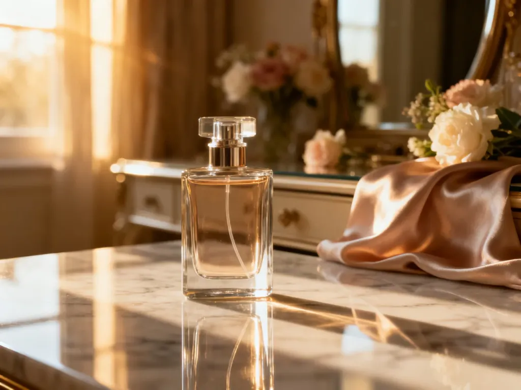 Elegancki flakon perfum Prada na marmurowym blacie w otoczeniu kwiatów i jedwabiu w ciepłym, popołudniowym świetle.