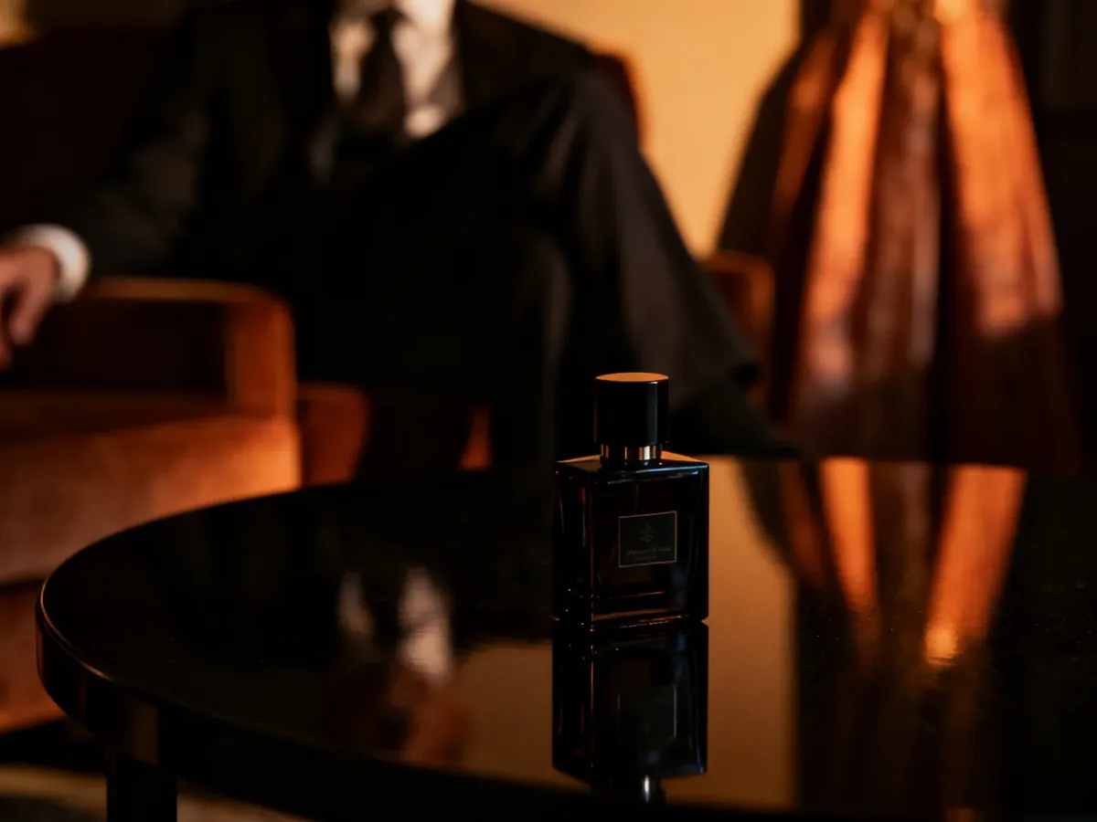 Elegancki flakon perfum w wieczorowej aranżacji