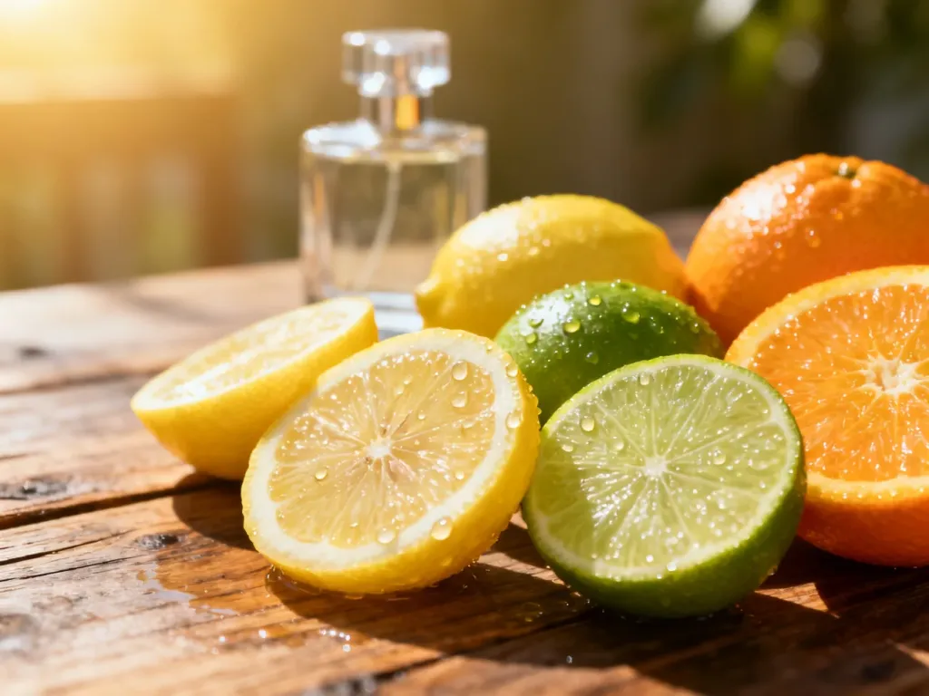 Świeże cytrusy, takie jak cytryny, limonki i pomarańcze, obok minimalistycznego flakonu perfum w promieniach słońca.