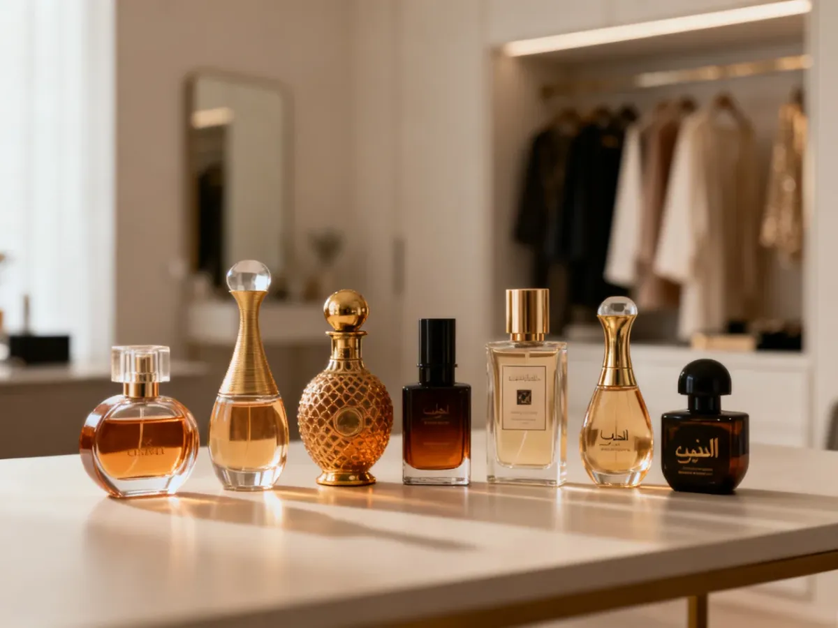 Różnorodna kolekcja perfum na eleganckiej toaletce