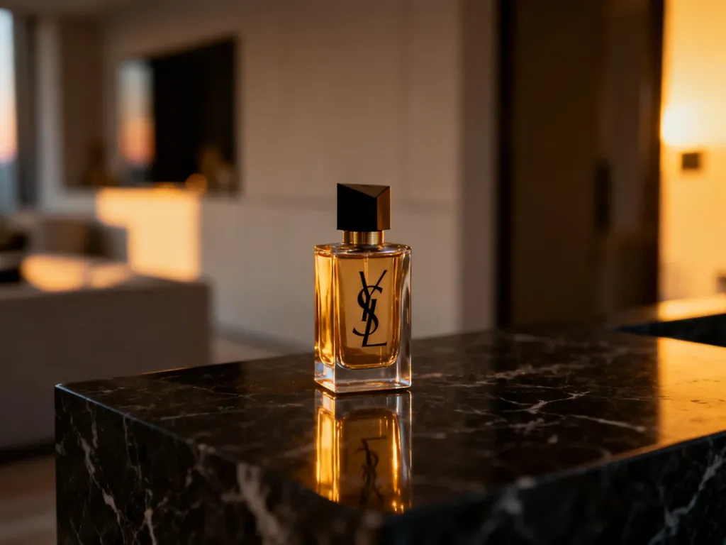 Elegancki flakon perfum YSL na ciemnym marmurowym blacie w luksusowym, nastrojowym wnętrzu.
