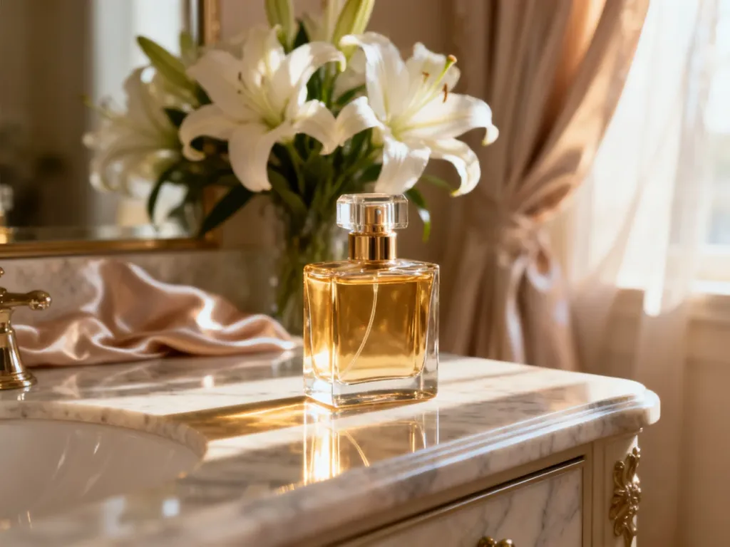 Elegancki flakon perfum na marmurowym blacie w otoczeniu kwiatów, podkreślający luksusowy charakter zapachu.
