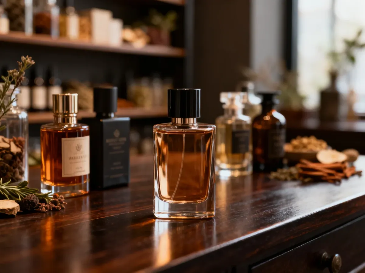 Eleganckie flakony męskich perfum niszowych na drewnianym stole