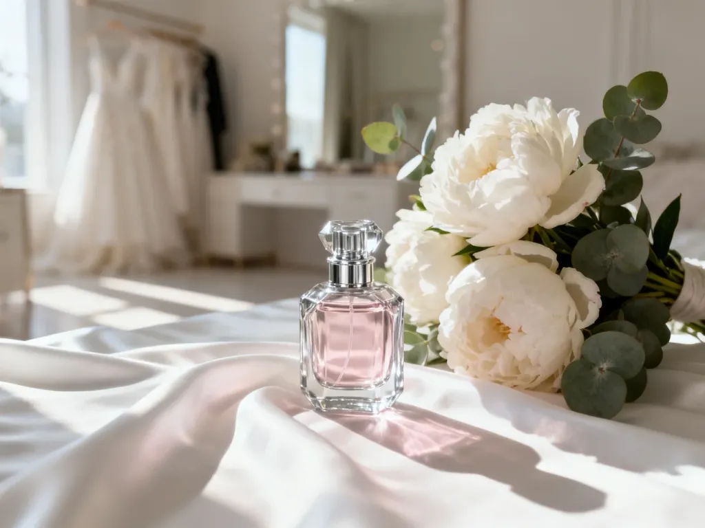 Elegancki flakon perfum na białym jedwabiu w otoczeniu piwonii, tworzący romantyczną atmosferę przygotowań ślubnych.