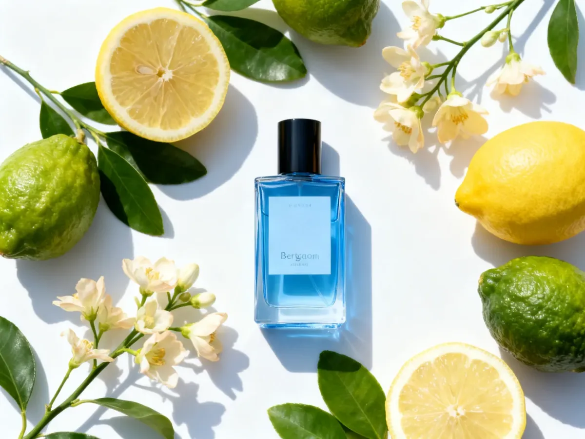Świeże cytrusowe perfumy w otoczeniu owoców i delikatnych kwiatów