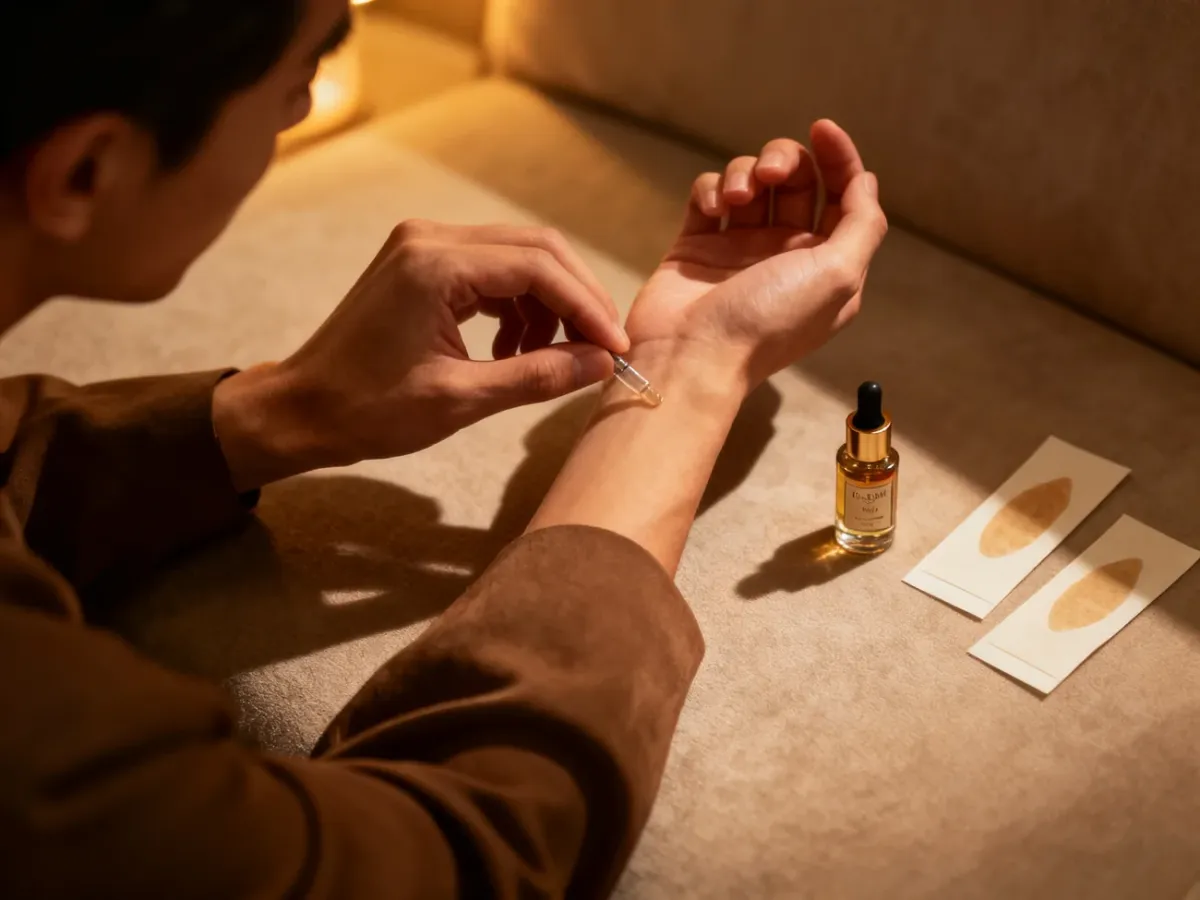 Testowanie perfum z oudem na nadgarstku