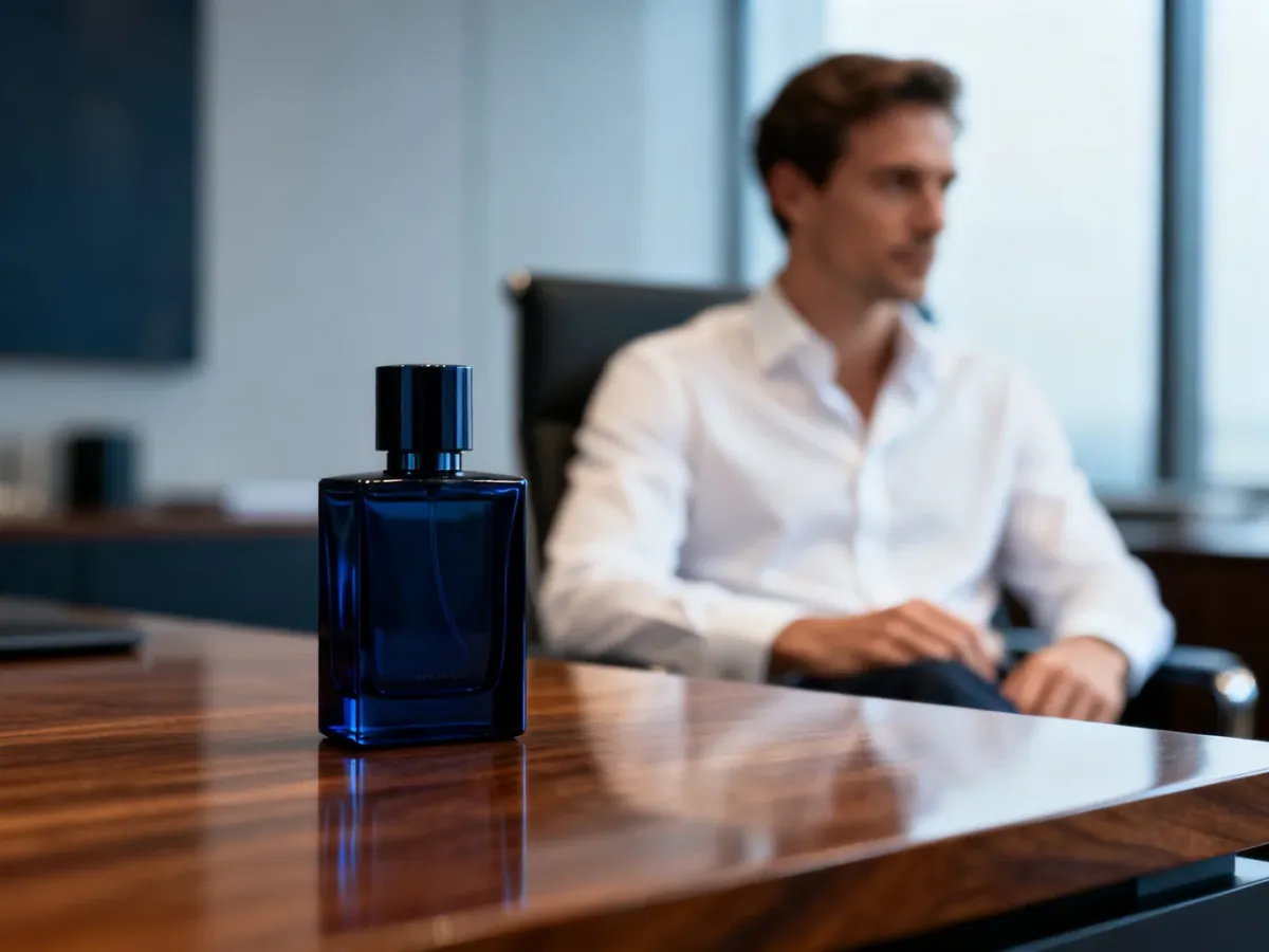 Elegancki flakon męskich perfum na biurku obok mężczyzny w koszuli
