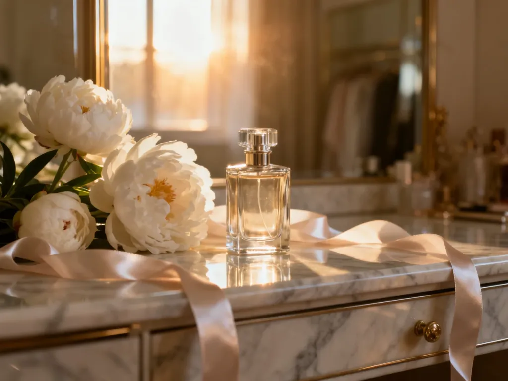 Elegancki flakon perfum na marmurowym blacie w otoczeniu białych piwonii, budujący atmosferę luksusu i kobiecości.