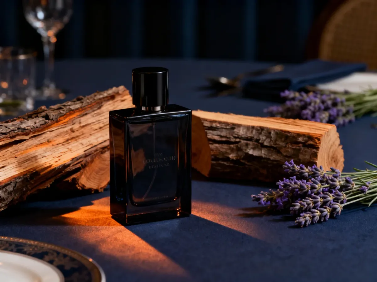 Ciemny, drzewny zapach z cedrem i lawendą w eleganckiej scenerii