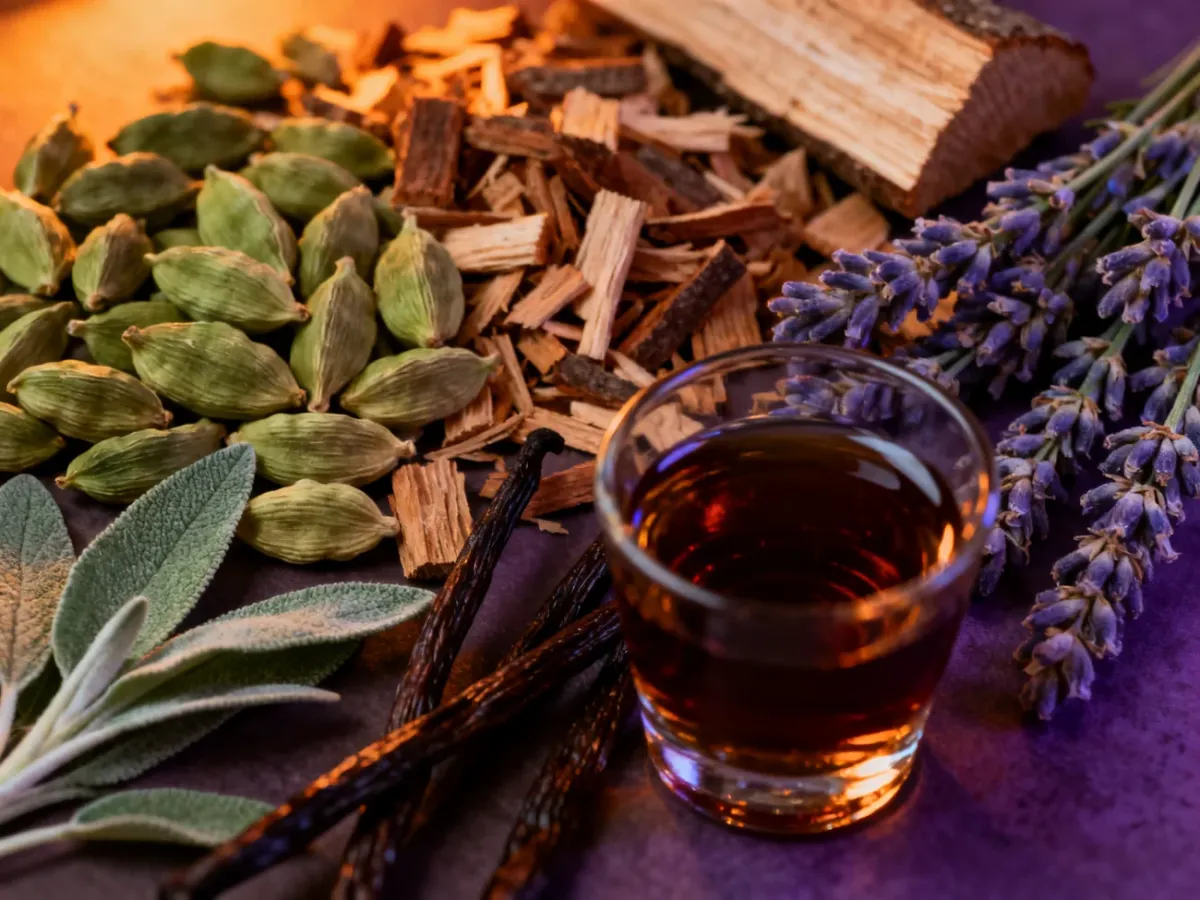Kardamon, lawenda, cedr, wanilia i rum symbolizujące aromatyczno-korzenny charakter perfum