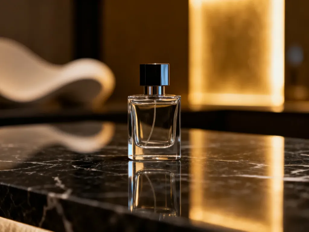 Elegancki flakon męskich perfum na ciemnym marmurowym blacie w otoczeniu ciepłego, nastrojowego światła.