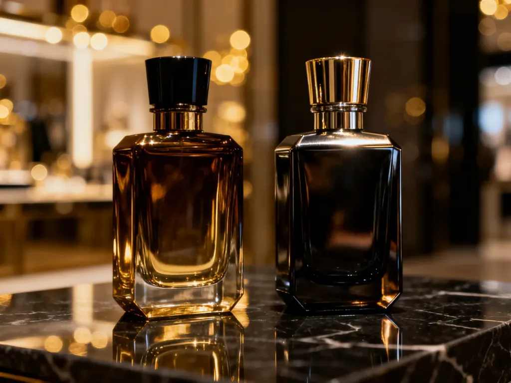 Dwie eleganckie butelki perfum One Million Elixir i Parfum zestawione obok siebie na luksusowym, ciemnym blacie.