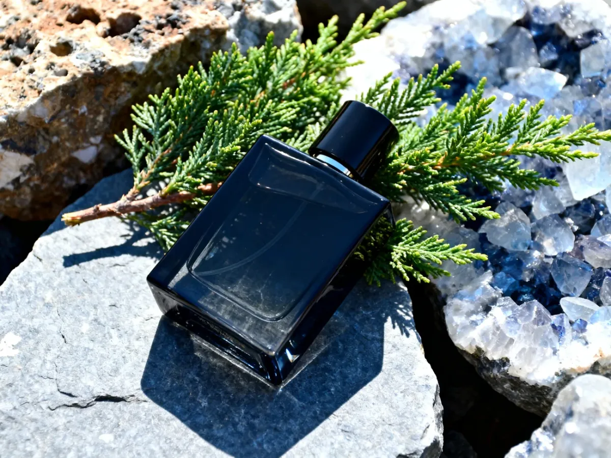 Nowoczesne perfumy męskie na kamiennej powierzchni w otoczeniu świeżych ziół