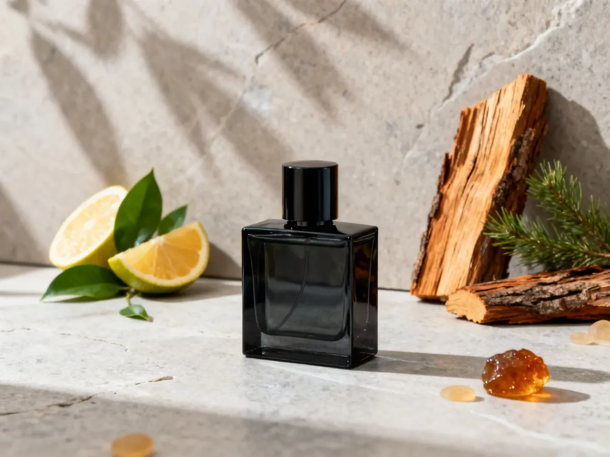 Elegancka butelka męskich perfum w otoczeniu cytrusów, zielonych liści i drewna