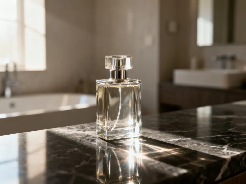 Elegancki flakon męskich perfum na ciemnym marmurowym blacie w świetle poranka, podkreślający luksusowy charakter produktu.