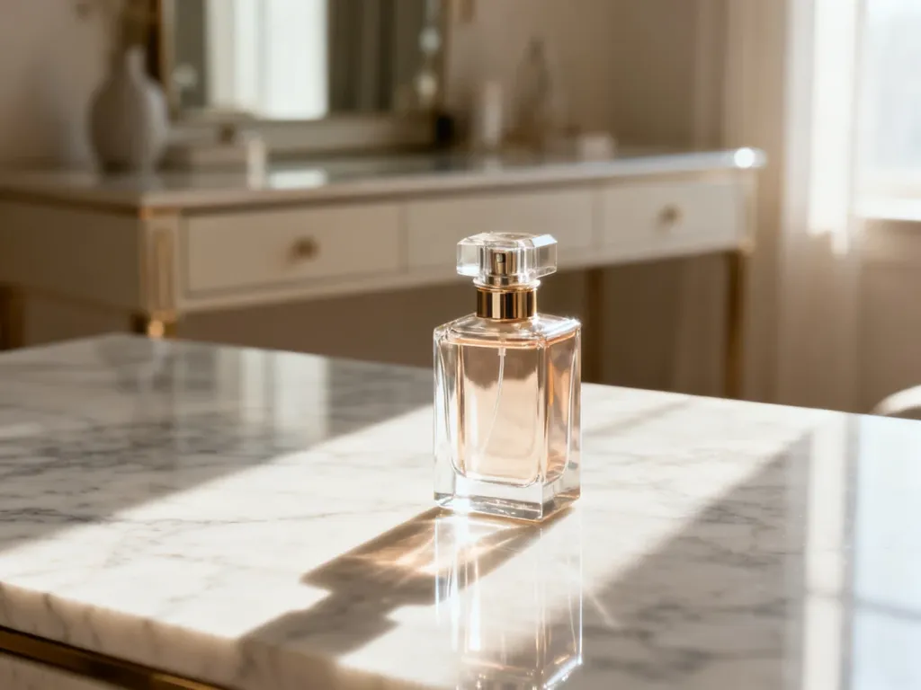 Elegancki flakon perfum na marmurowym blacie w świetle poranka, symbolizujący luksus i autentyczność produktu.