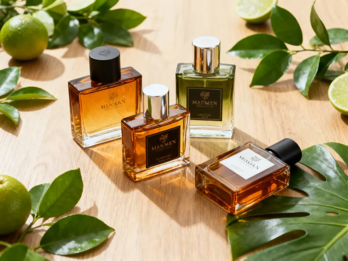 Eleganckie męskie flakony perfum wśród naturalnych, zielonych akcentów