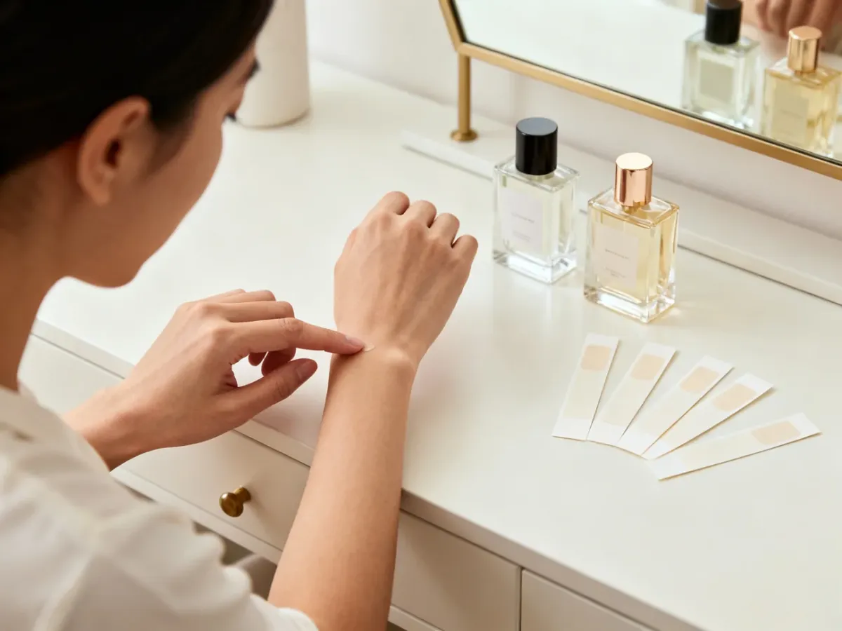 Testowanie perfum na nadgarstku przy eleganckiej toaletce